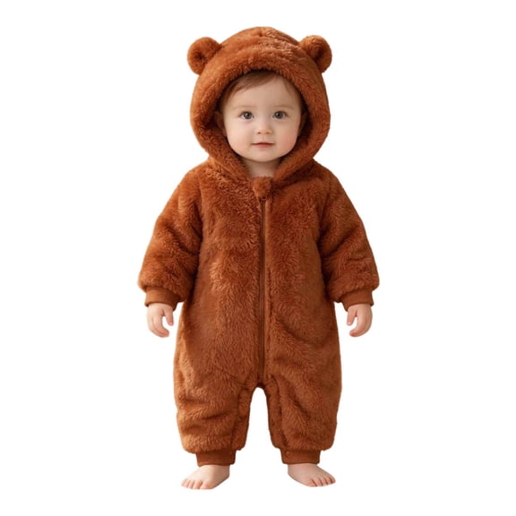 KPOPLK Baby Bear Ear Hooded Romper 0 3 6 9 12 18 Months Fuzzy Fleece Onesie Jumpsuit for Infant Toddler Winter Warm Outfit(Brown,0-3 Months)