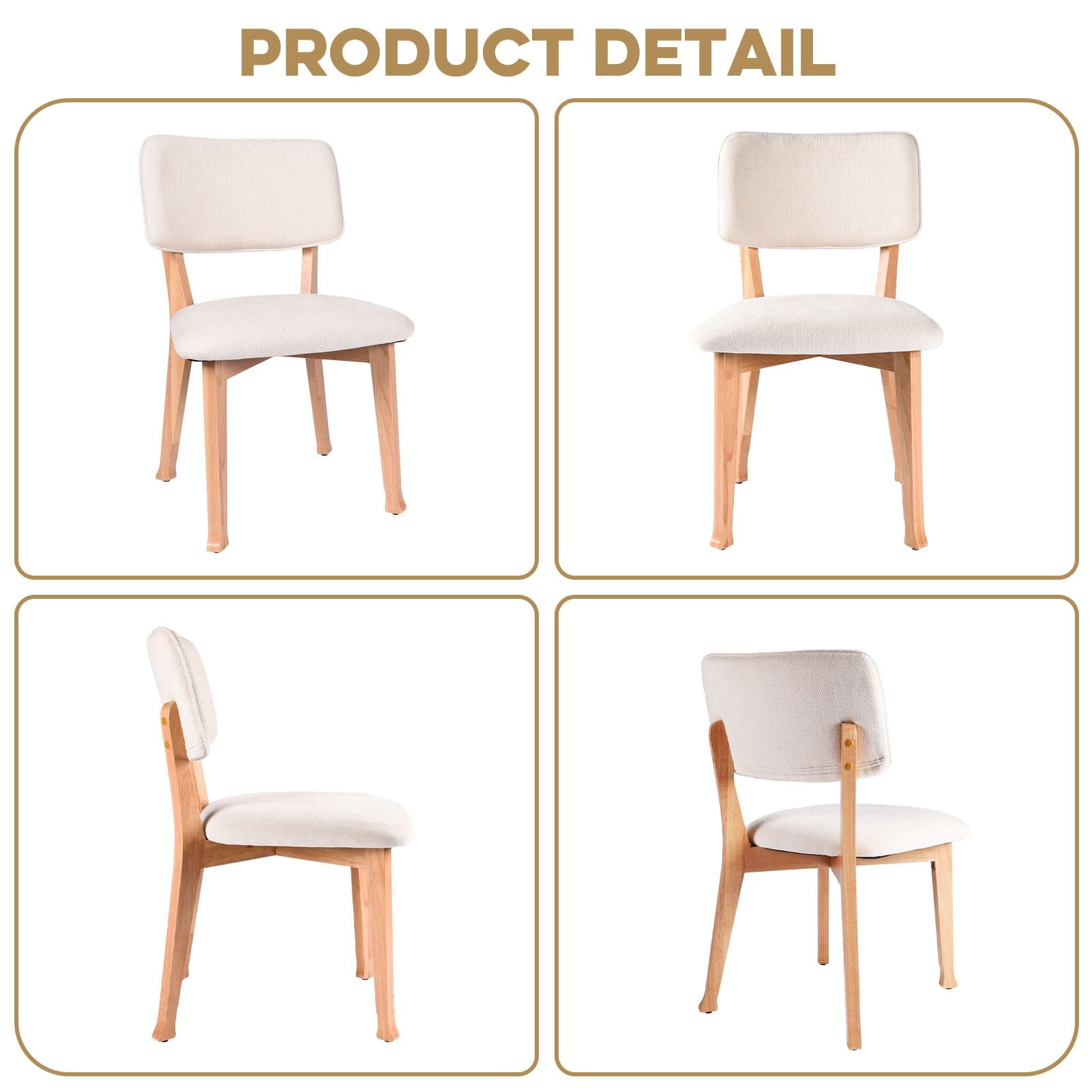 Wooden Dining Chairs Set of 2, Fabric Upholstered Kitchen Chairs with Curved Backrest, 300LBS Capacity