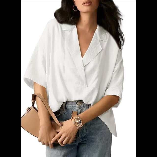 Blusa Informal Elegante para Mujer, de Negocios, de Corta, con Cuello en V y Tapeta, Camisa de Trabajo L