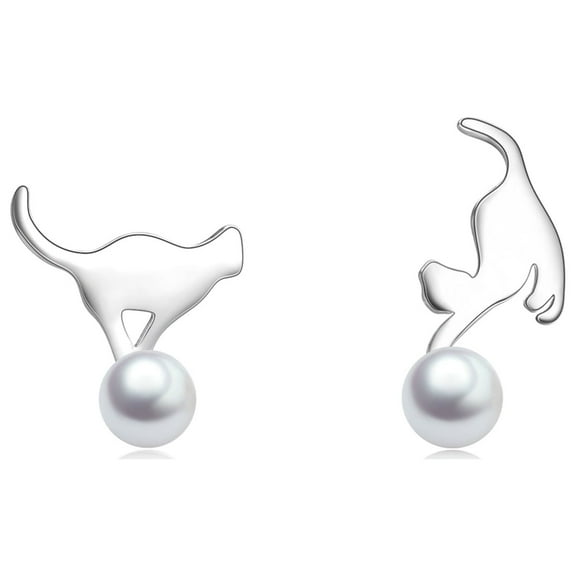 Cultured Pearl Cat Stud Earrings, Sterling Silver