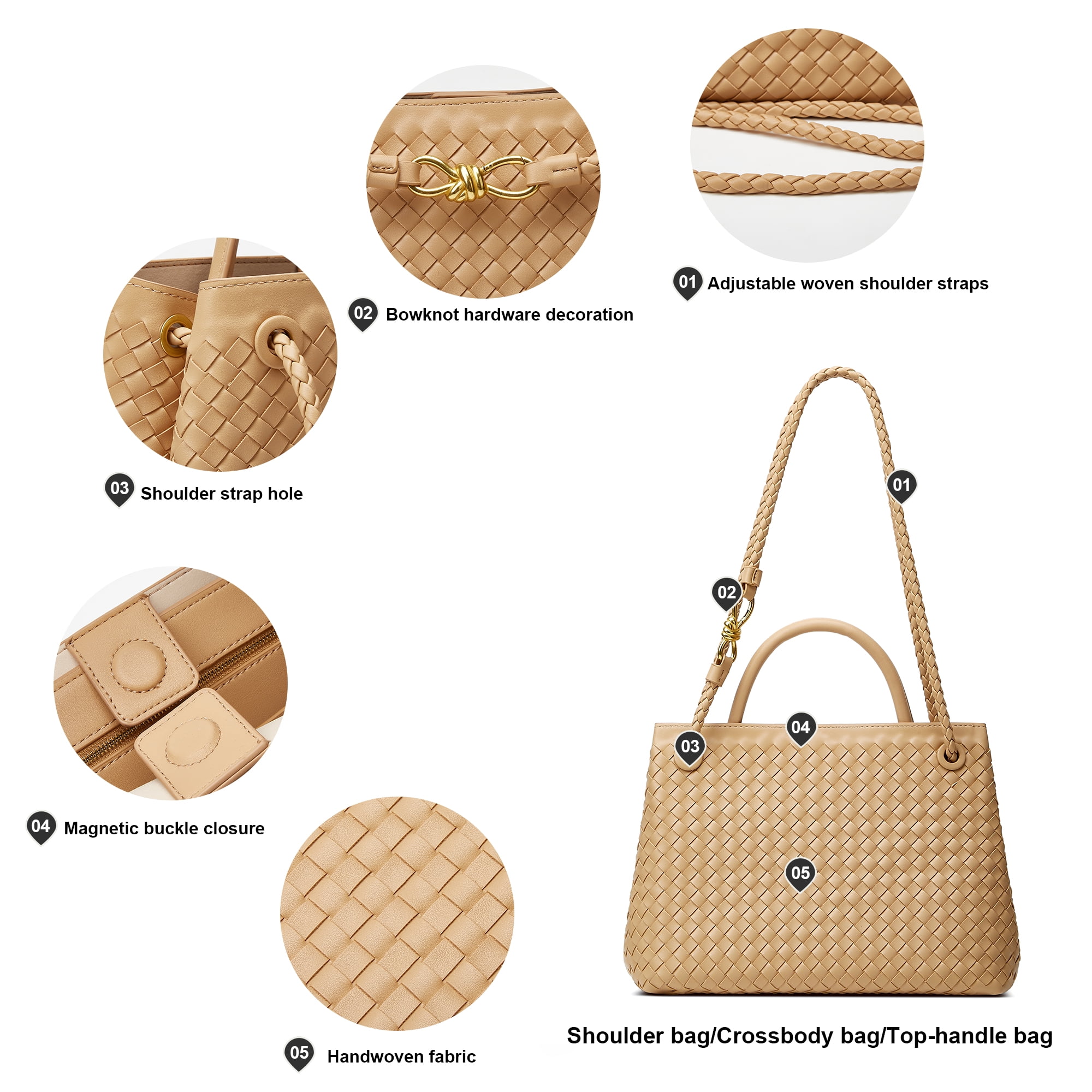 Woven Bag for Women Shoulder Purse: Vegan Leather Handbag - Handmade Tote Bag - Elegant Satchel Bag with Bowknot (Apricot, Large)