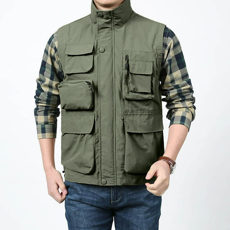 Entyinea Mens Outdoor Work Vest Pocket Zip Up Drawstring Hooded