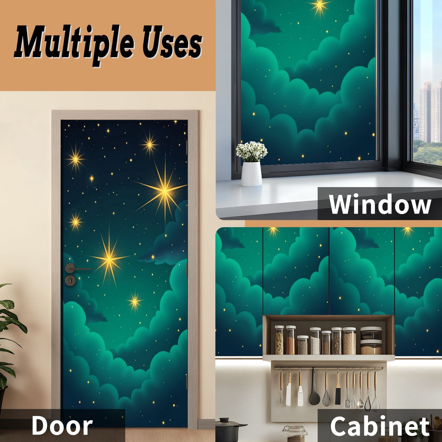 Self Adhesive Vinyl Refrigerator Wrap Set Starry Night Sky Soft Clouds Glowing Stars Door Mural Removable Fridge Sticker Peel and Stick&nbsp;Full Door Cover Decal Kitchen Bar Decor