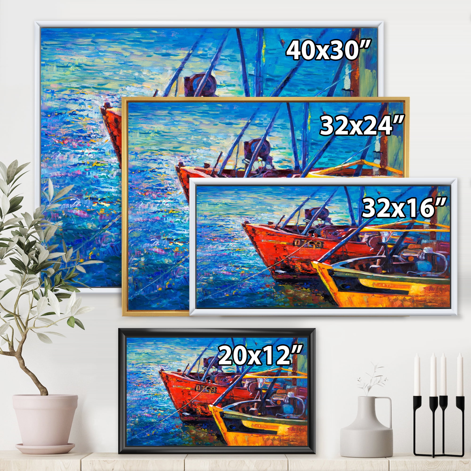 Boats During Warm Sunset Resting On The Water VII 40 in x 30 in Framed Painting Canvas Art Print, by Designart