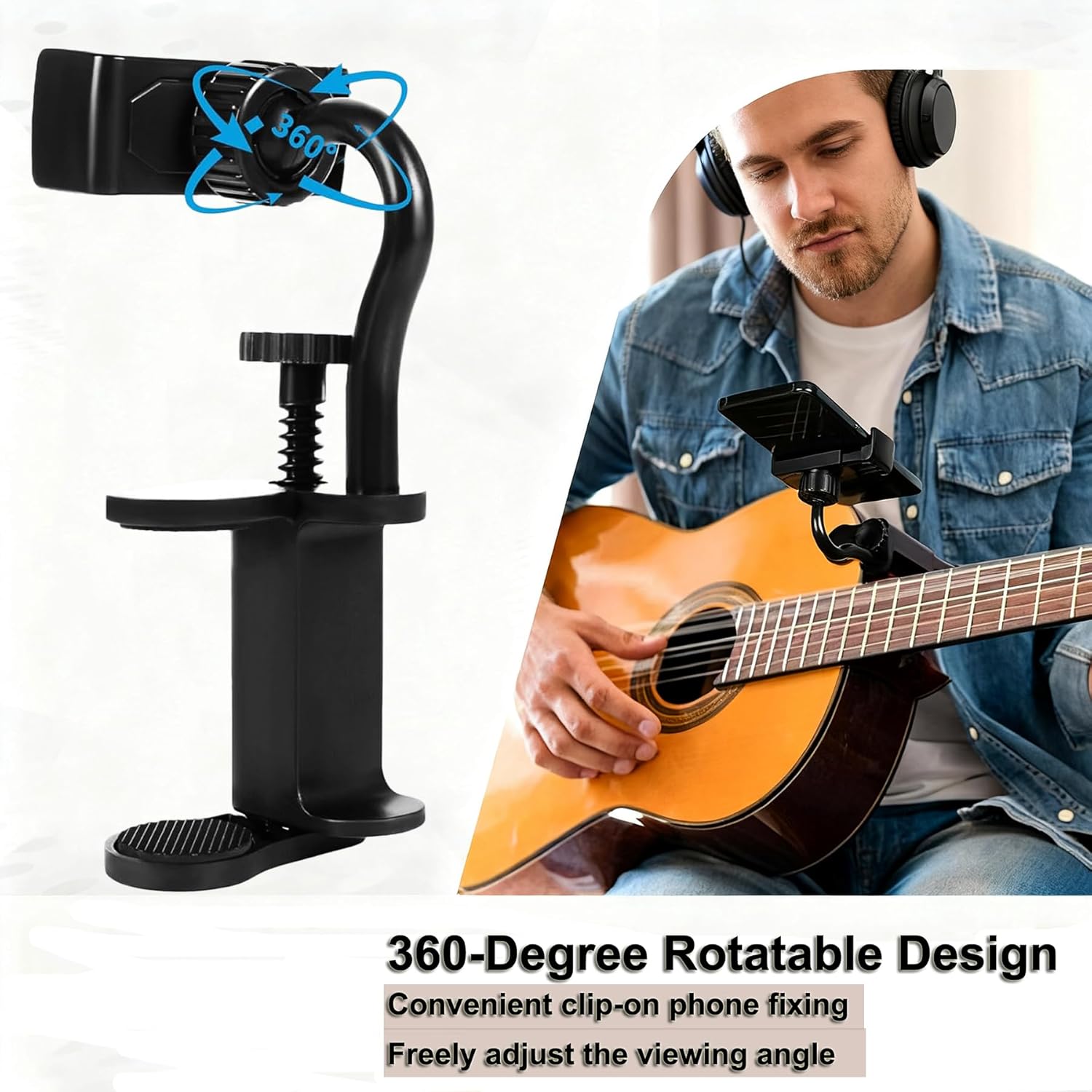 Guitar Phone Holder, Adjustable and Rotatable Mount for Guitars, Ukuleles, and Basses, Hands-Free Sheet Music Stand for Video Recording, Live Streaming, and Online Teaching