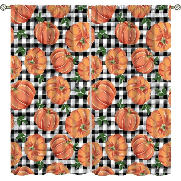 Fall Pumpkin Curtains,Autumn Thanksgiving Pumpkins Kitchen Window Treatments,Black and White Plaid Background Home Bedroom Living Room Decor Drapes 42x54 Inch