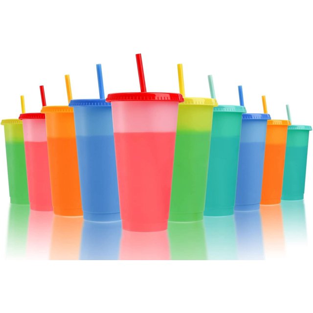 10 Pack Color Changing Cups, 24 oz Leak-proof Water Tumblers with Lids and Straws, Plastic Cold Drink Summer Cups in Multicolors, Ideal for Adults Women Party