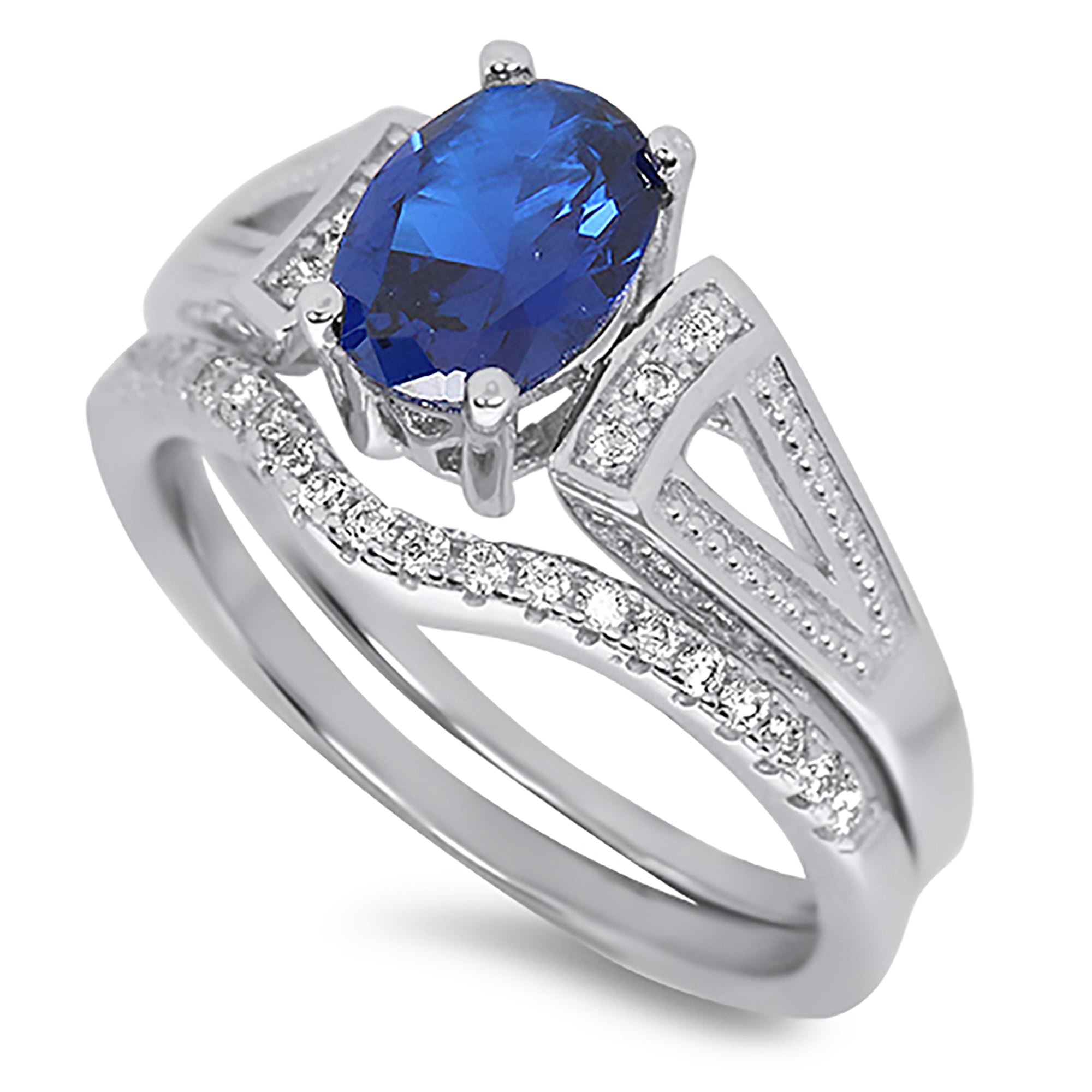 LaRaso & Co Sterling Silver 1 Carat Blue Sapphire CZ Wedding Engagement Ring Set for Women 7
