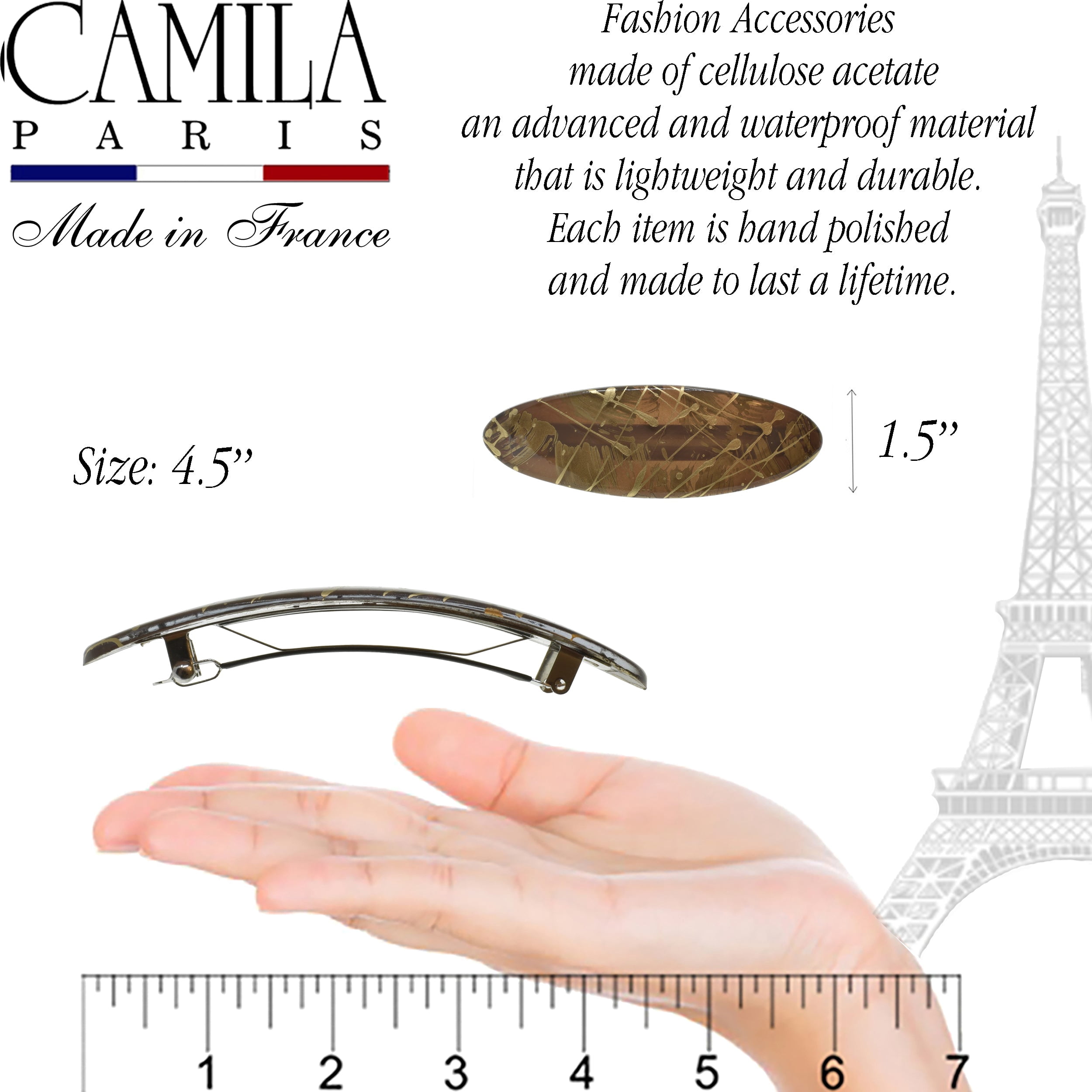 Camila Paris CP3872 French Hair Barrette Clip Oval, Strong Hold Grip Hair Clips for Women, No Slip Rubberized Metal Closure, Durable Styling Girls Hair Accessories, Made in France