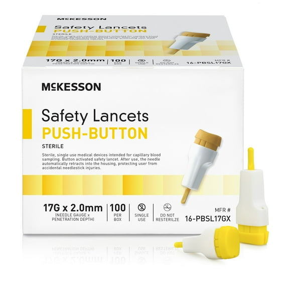 McKesson Safety Lancets, Pressure-Activated - 17 Gauge Needle, 2.0mm Depth, 100 Count, 20 Packs, 2000 Total
