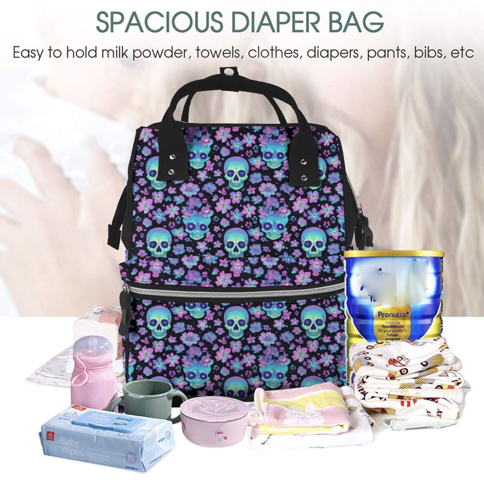 Fuzoiu Funny Skull Flower Print Diaper Bag Backpack,Baby Essentials Travel Tote,Multi function Waterproof Diaper Bag, Travel Essentials Baby Bag - Unisex