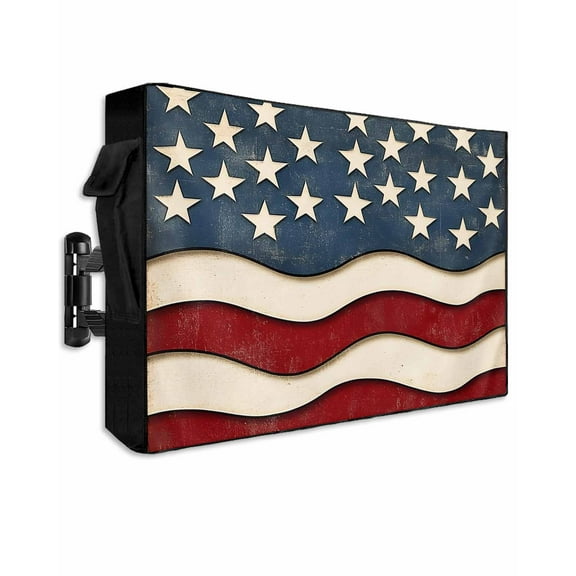 Retro American Flag Outdoor TV Cover 60 to 65 Inch Weatherproof, White Star Red Blue US Flag 600D Oxford TV Covers with Waterproof Zipper, Outside Flat TV Screen Protector Size 58"W x 37"H x 4.5"D