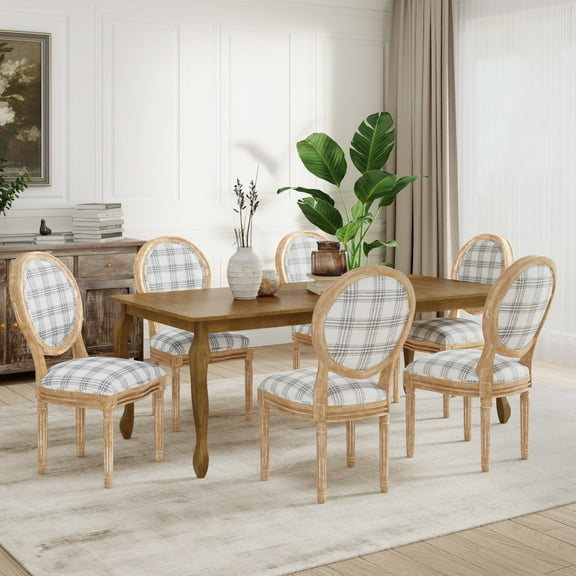 GDF Studio French Country-Inspired 7-Piece Dining Set, 80" Rectangle Table with Upholstered Chairs, Solid Wood Frame, Grey Plaid