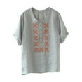 thumbnail image 6 of Dazajoo Summer Short Sleeve Tops for Women 2025 Casual Floral Embroidered Linen Shirt Round Neck Loose Blouses,Gray,XXXL, 6 of 6