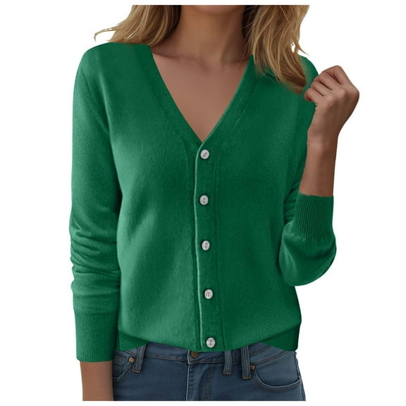 zaveiop Cardigan Sweaters for Women Casual Button Down V Neck Knit Cardigans Fall Solid Boho Long Sleeve Clothes (Army Green, L)