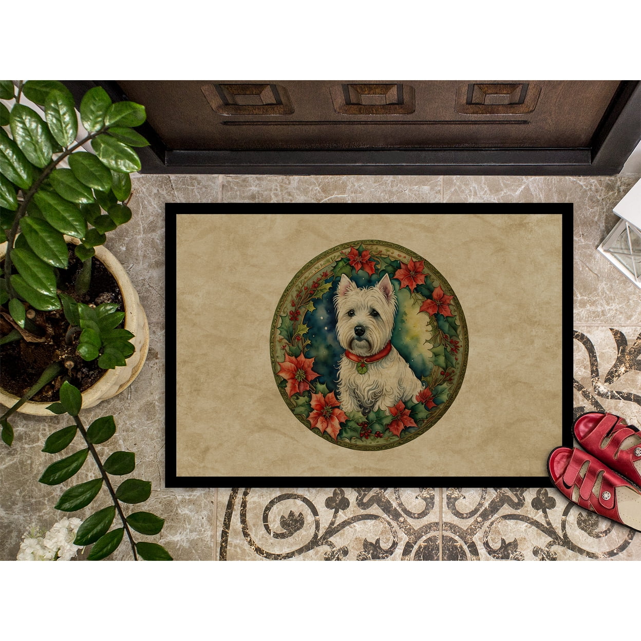 Carolines Treasures DAC2445MAT 18 x 27 in. Unisex Westie Christmas Flowers Doormat