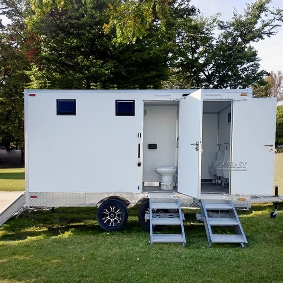 GOEASY VEHICLE 4-Stall Combo Portable Bathroom Trailer with Multi-Use Men’s Stall Mobile Restroom for Large Events Construction Sites Festivals Camping Sanitation Unit