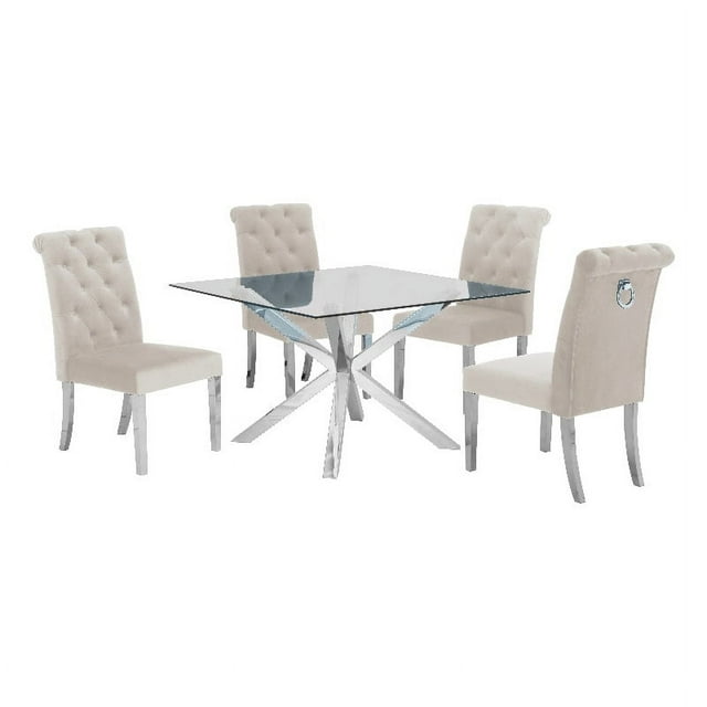 47" x 47" Clear Glass 5pc Dining Set with Silver Stainless Steel