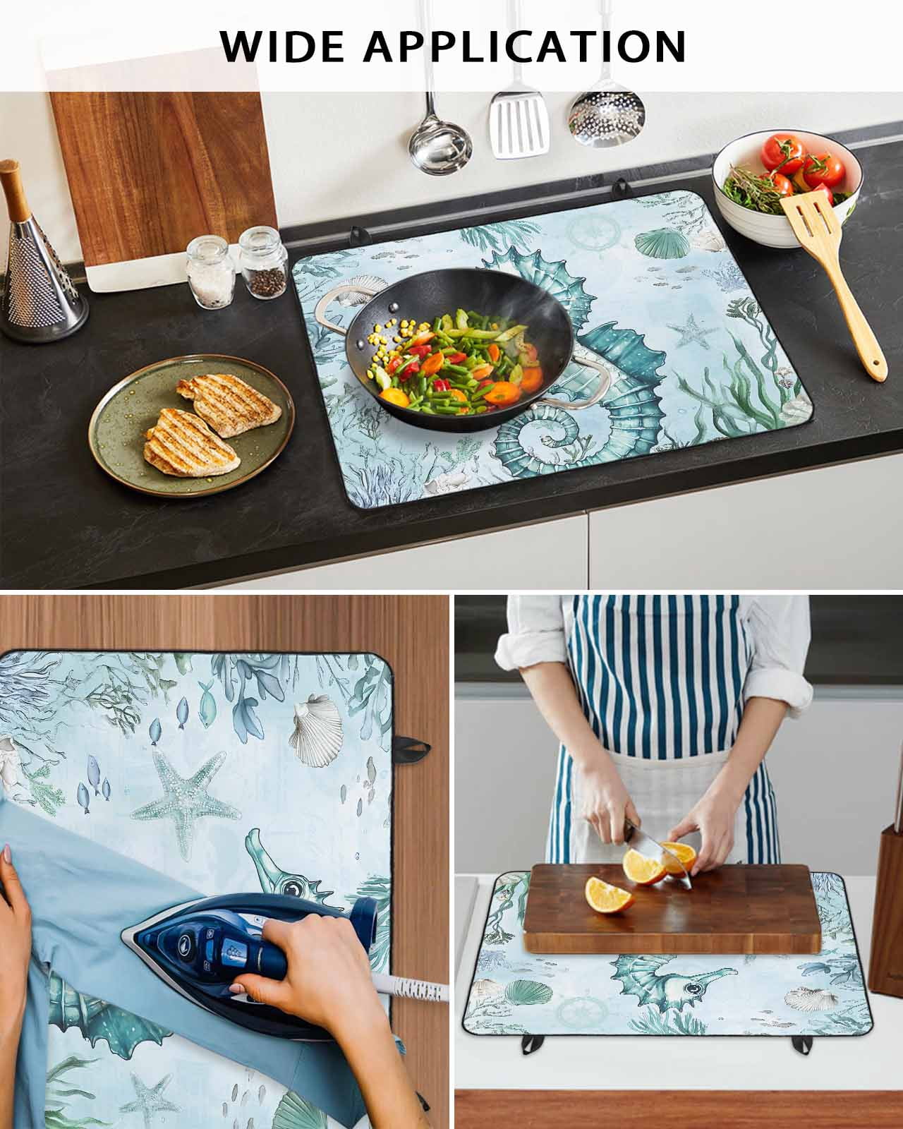 nqOlkjepod Large Induction Cooktop Protector Mat 24"x21", Coastal Seahorse Stove Top Covers for Electric Stove, Ocean Nautical Starfish Seashells Coral Stove Burner Cover Mats, Glass Top Stove Cover