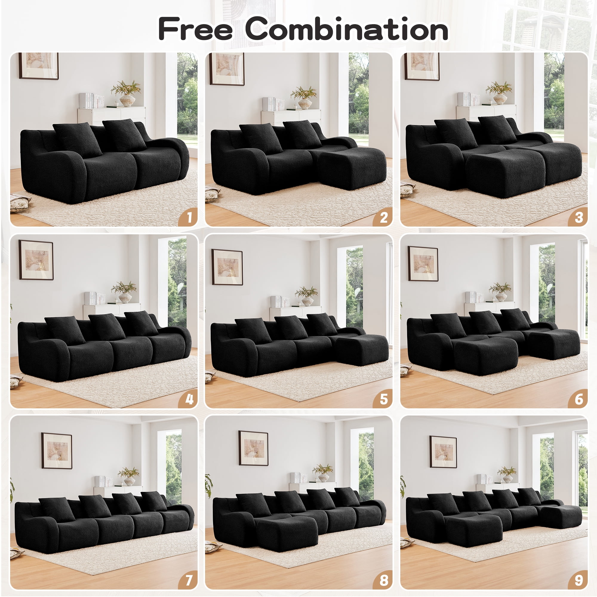 MAYEERTY 115.3" L-Shaped 3-Seat Teddy Fabric Boneless Sofa, Black 300lbs/seat 32D Foam No Assembly Couch with Chaise for Living Room Bedroom