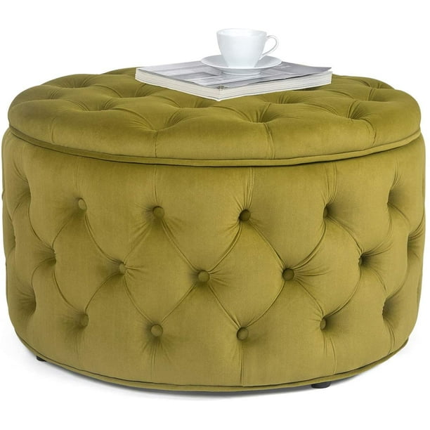Homebeez Round Velvet Storage Ottoman On Tufted Footrest Stool Yellowish Green Com Homebeez Round Velvet Storage Ottoman, Large Round Green Ottoman Coffee Table