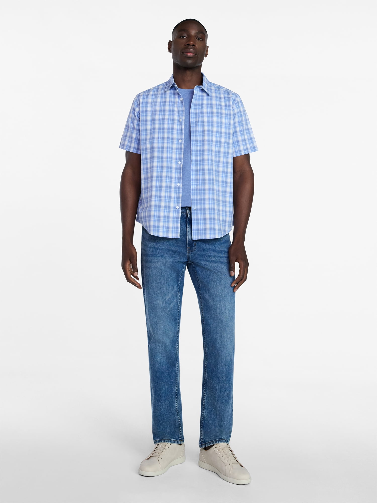 George Men's and Big Men's Modern Fit Poplin Button Up Shirt with Short Sleeves, Sizes XS-3XL