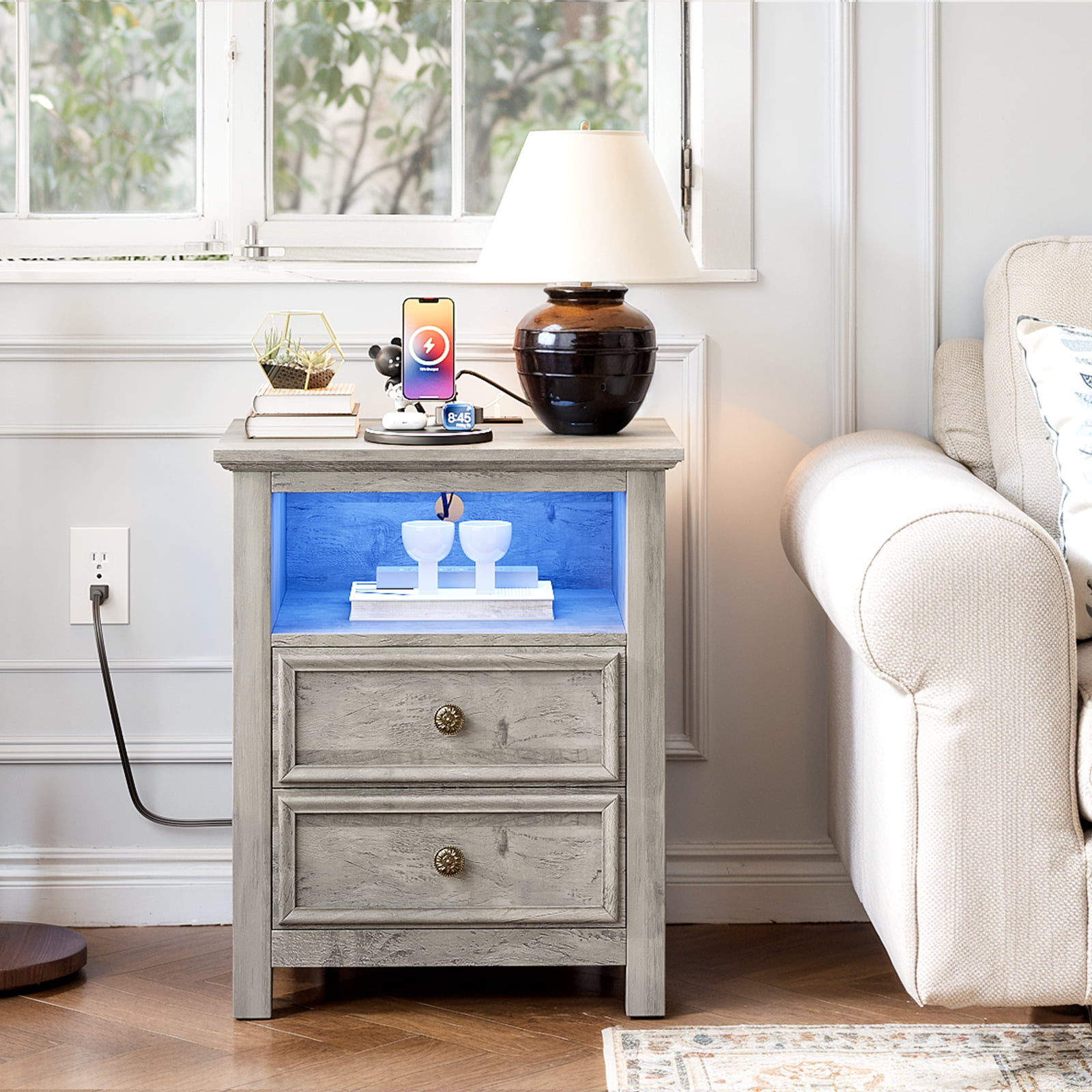 Holliwill 25" Tall Nightstand with Charging Station & LED Lights, Farmhouse Nightstands with 2 Drawers and Open Storage, End Table Bedside Table for Bedroom Living Room, Gray