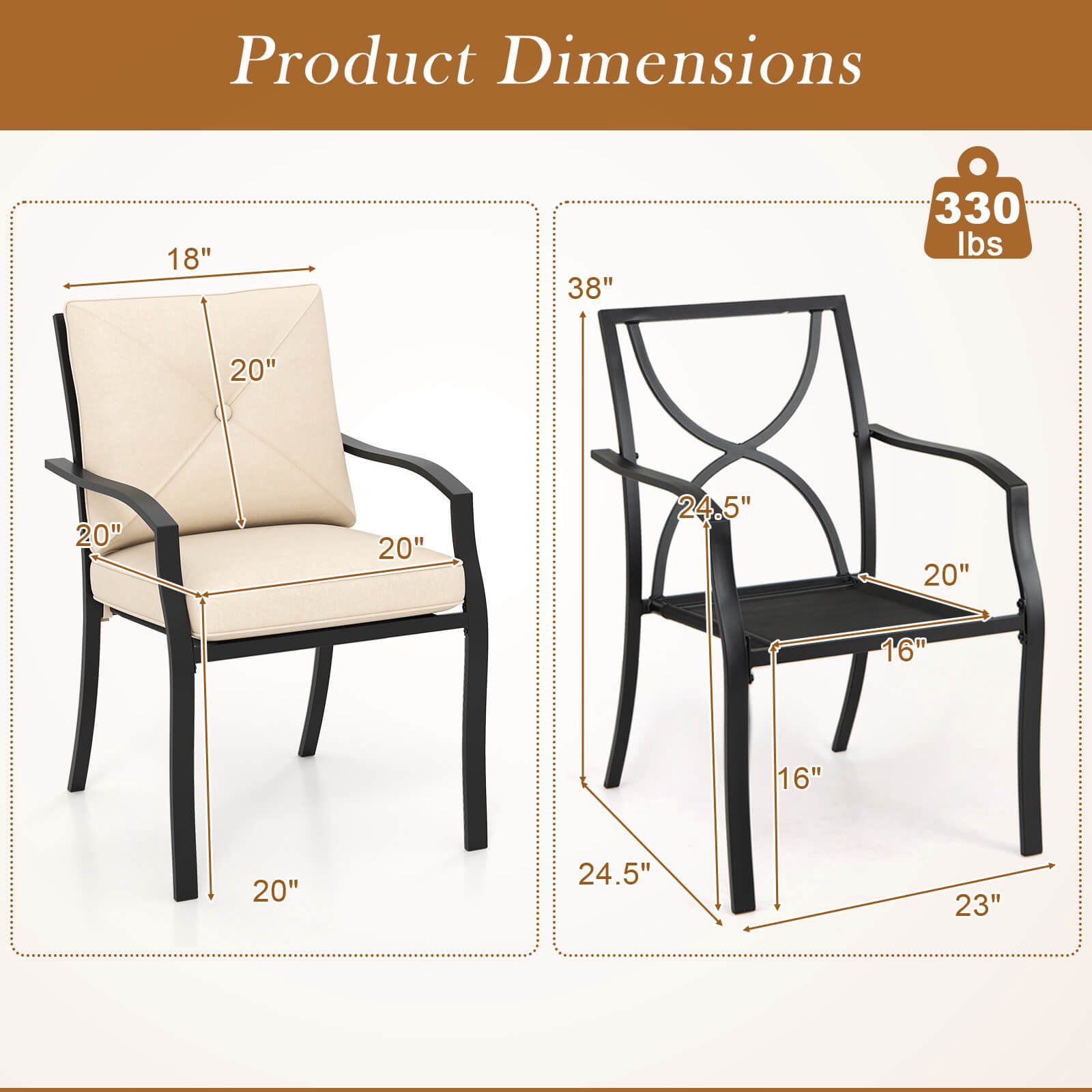 Costway Outdoor Patio Dining Chair Set of 2 Stackable Garden Chairs with Metal Frame