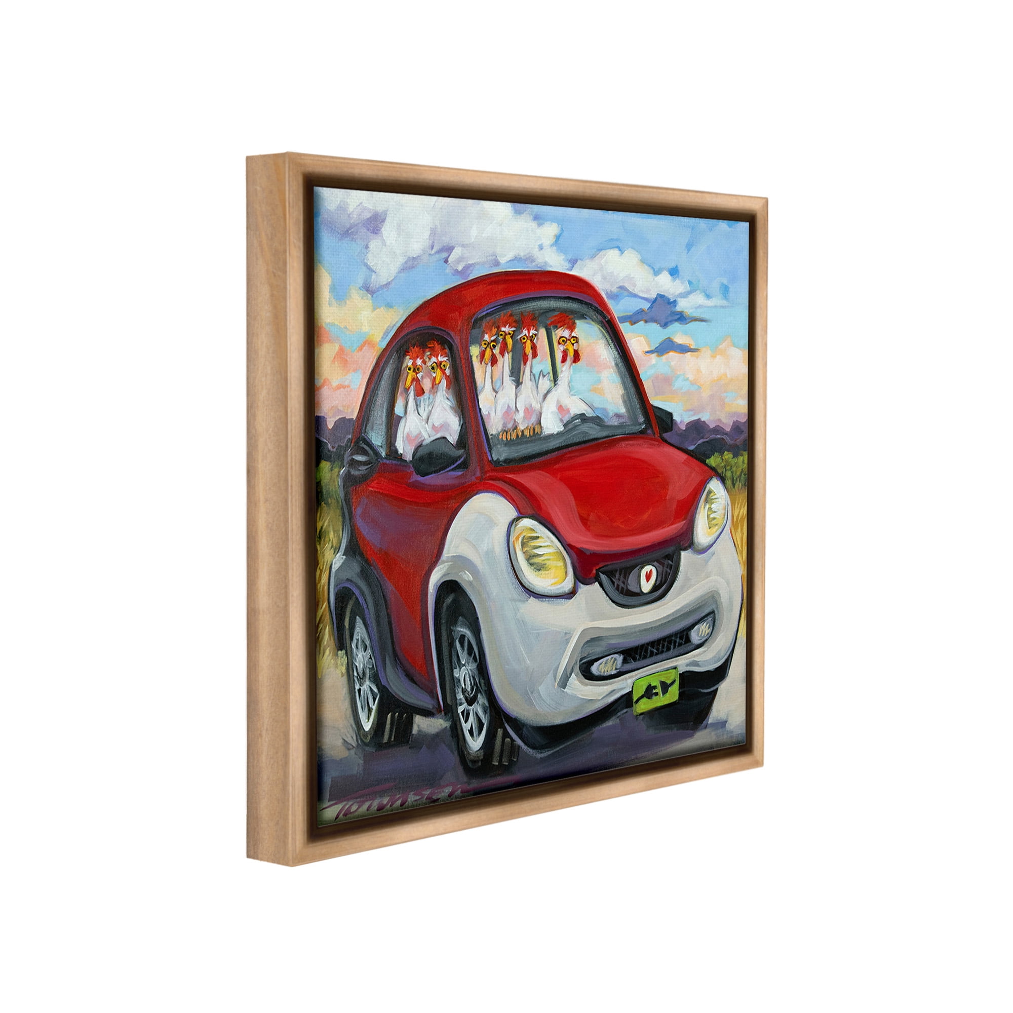 Stupell Industries Chickens Driving Car Animals & Insects Painting Brown Floater Framed Canvas Art Print Wall Art, 18 x 18