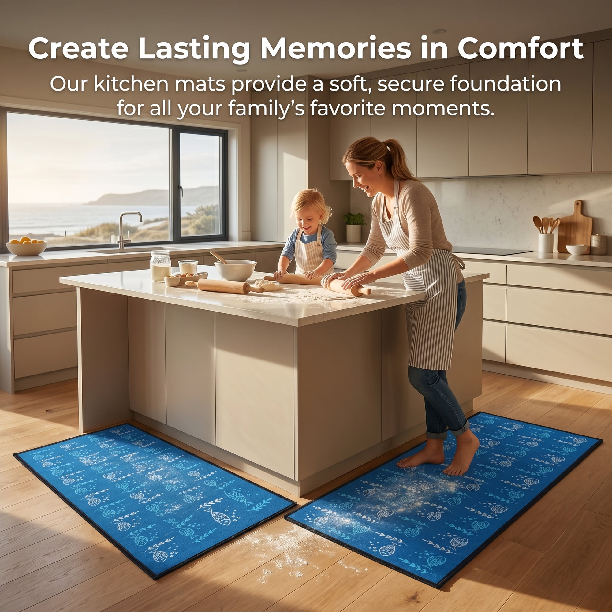 Unique Bargains Non Slip Fish Floral Printed Kitchen Rugs and Mats Blue 31"x19"+47"x19"