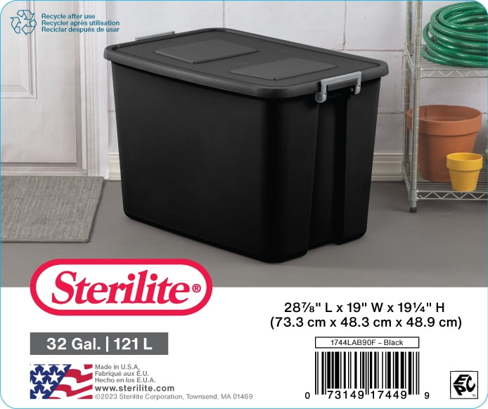Sterilite 32 Gallon Latch Tote Plastic, Black 