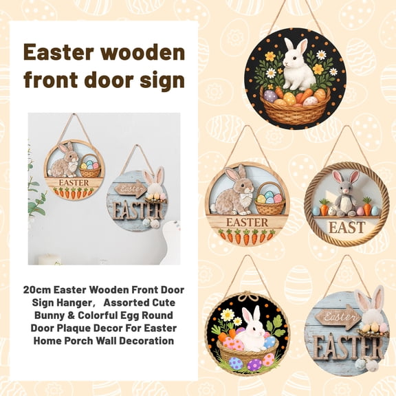 Easter Wooden Door Sign 8in Round Bunny Egg Plaque Hanger Spring Front Door Wreath Decor Home Porch Wall Decoration Holiday Welcome Sign Home Accent A, 1Pcs