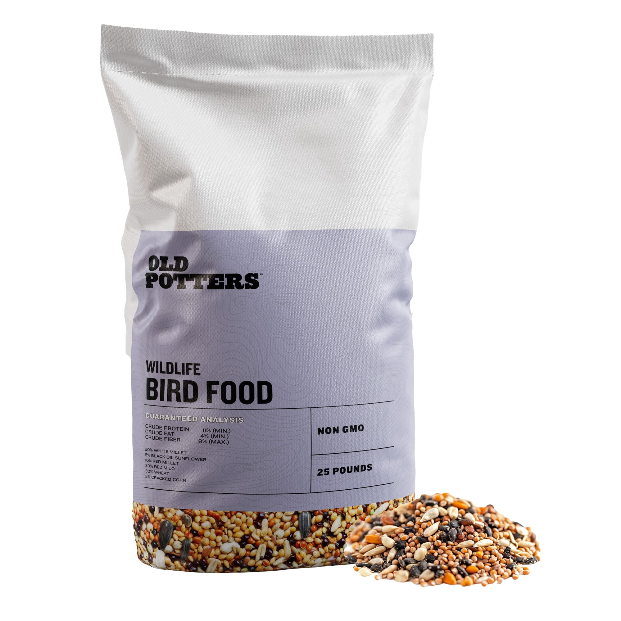 Old Potters Wild Bird Seed Blend – Non-GMO, Natural Mix with Millet, Milo, Sunflower, Corn & Wheat – Attracts Ground-Feeding Birds – 25 lb