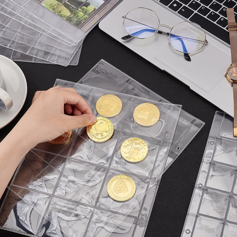 18 Sheet 6 Size Coin Stamp Collection Pages Plastic Coin Holders Sheet Money Pocket Inserts Collecting Sleeves Stamp Binder Sheets Money Page for Coin Album Stamp Storage Holder