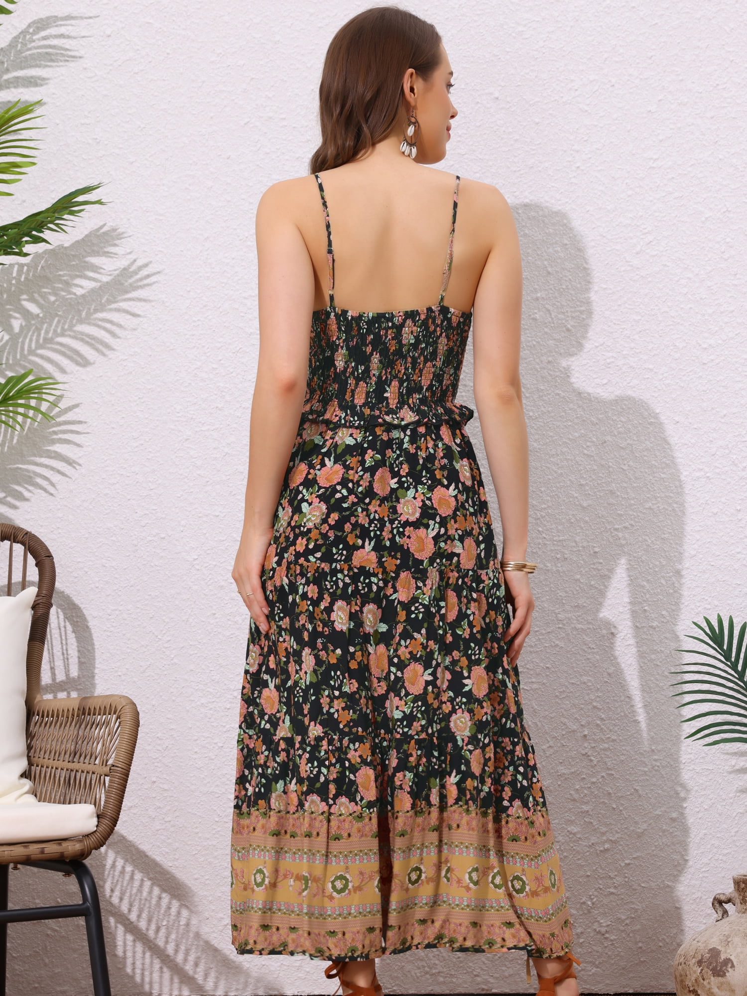 DARING DIVA Spaghetti Strap Smocked Maxi Boho Floral Dress S Black