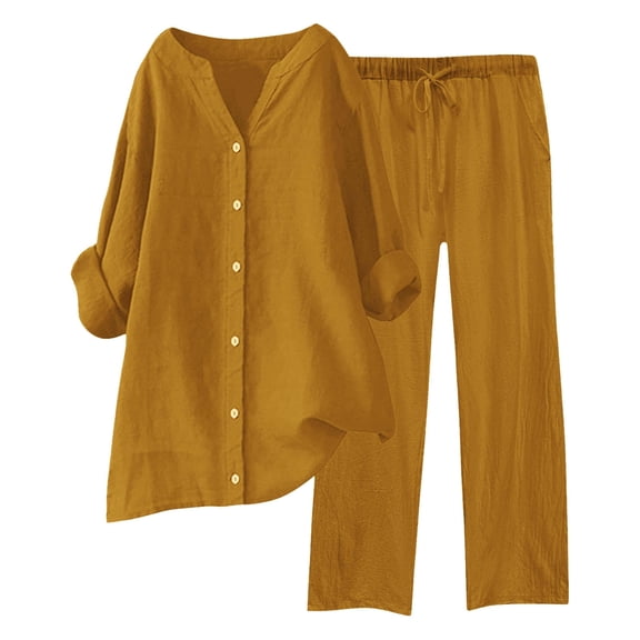 Womens Pant Suit Long Sleeve Daily Casual Solid Shirt Tops Pockets Shirt Trousers Set Two Piece Sets for Women