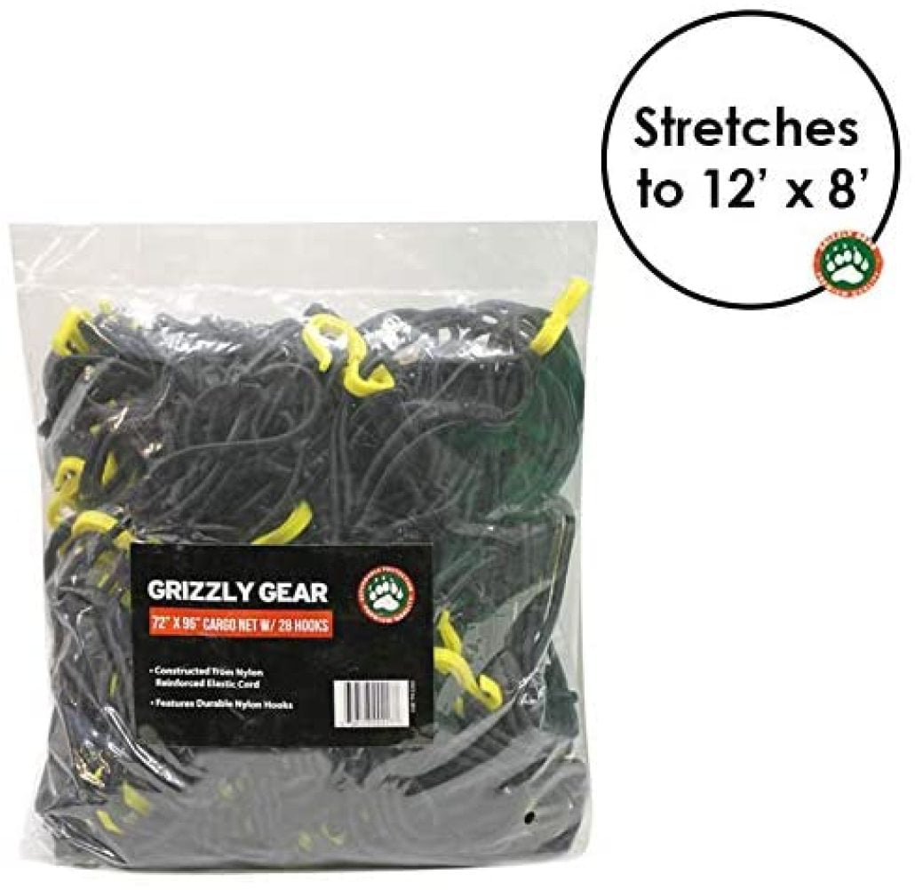 Grizzly Gear XL Size Cargo Net with 28 Durable Nylon Hooks All Purpose 72 x 96 Stretches to 100 x 140 Weather Proof and Compatible with All Truck Beds 
