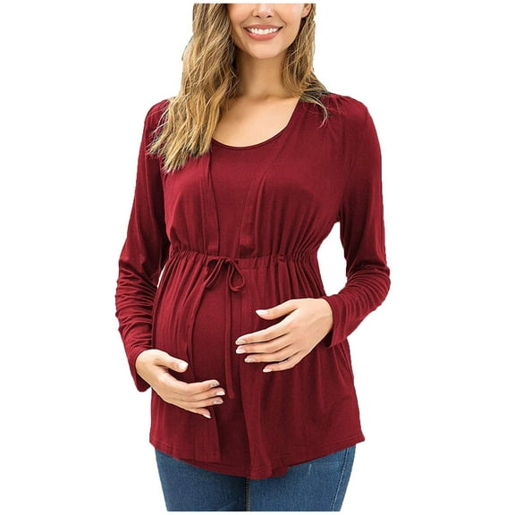 Odeerbi Women Maternity Shirts Pregnant Nursing Blouse Tops O-Neck Long Bandage Sleeve Breast-Feeding Red