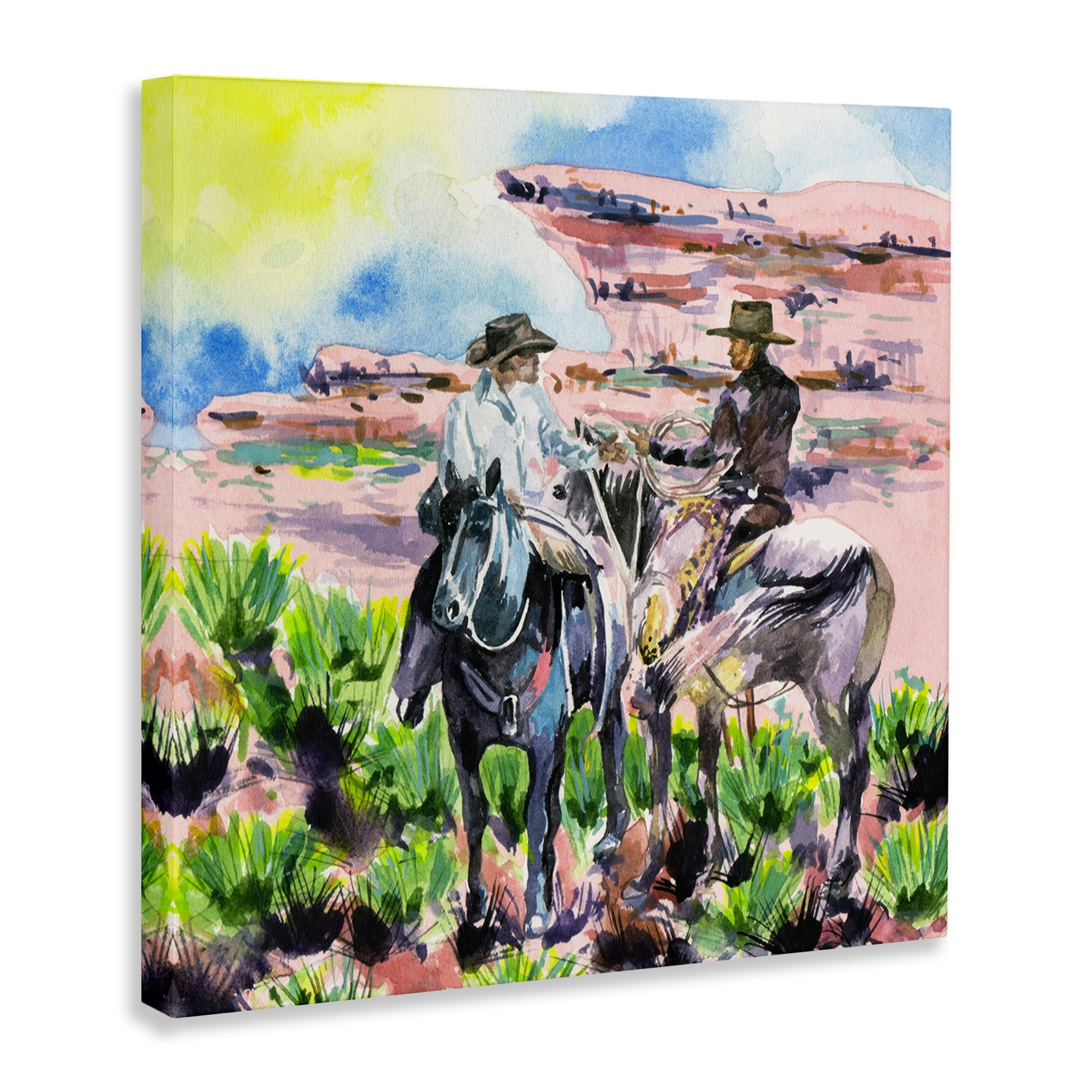 Stupell Industries Sunny Canyon Cowboys Animals Painting Wrapped Canvas Art Print Wall Art, 36 x 36