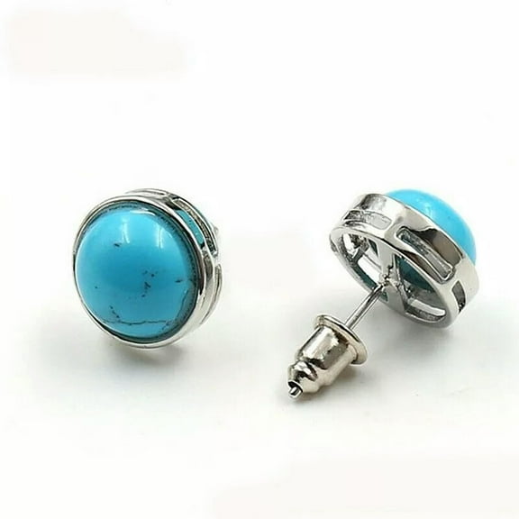 K-KED 12mm Round Fire Blue Turquoise Gemstone Silver Stud Hook Earrings Women New