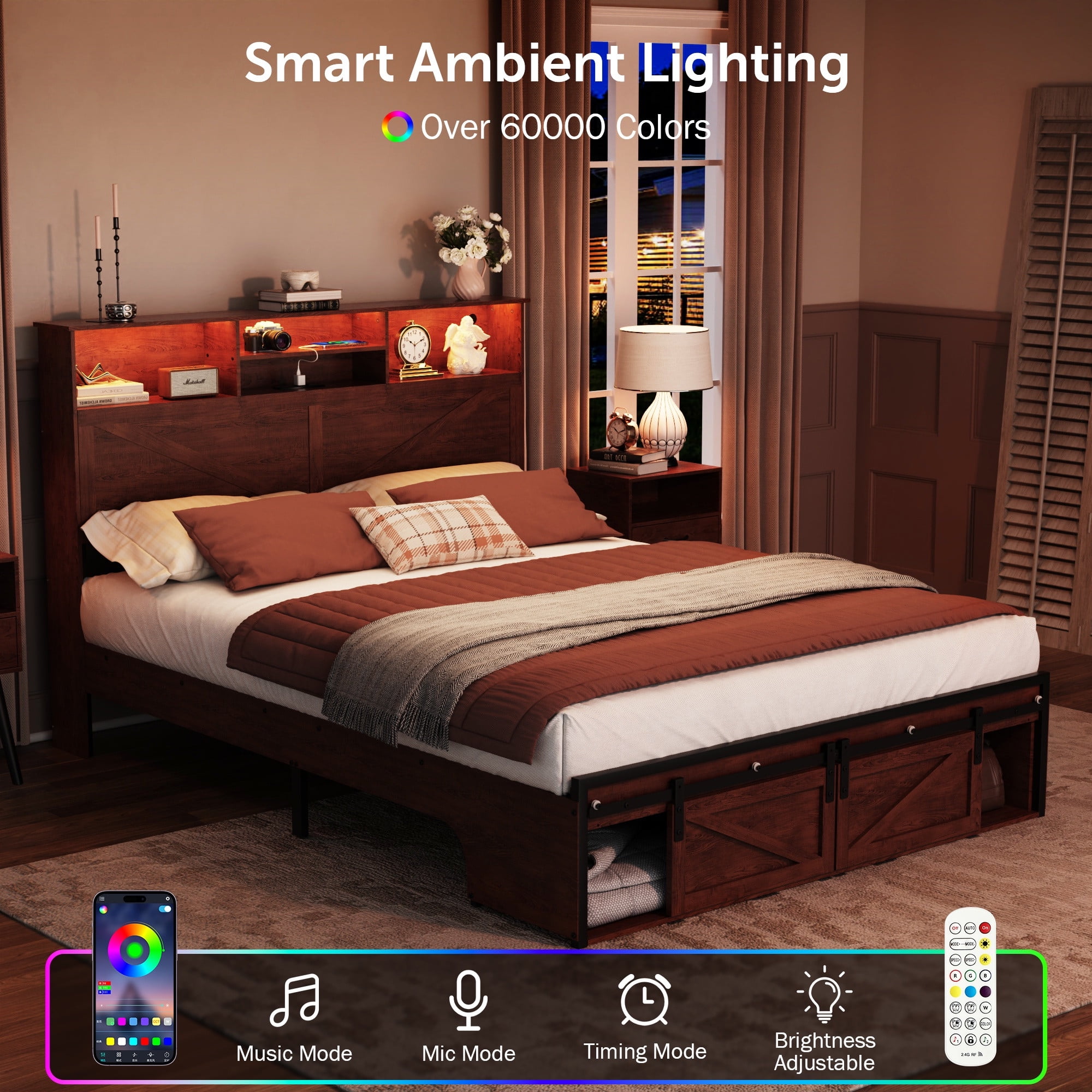 Full Size Bed Frame, Holaki Farmhouse Full Bed Frame with Storage Headboard, Charging Station & LED Lights, 2 Storage Drawers, No Box Spring Needed, Noise Free, Easy Assembly, Dark Brown