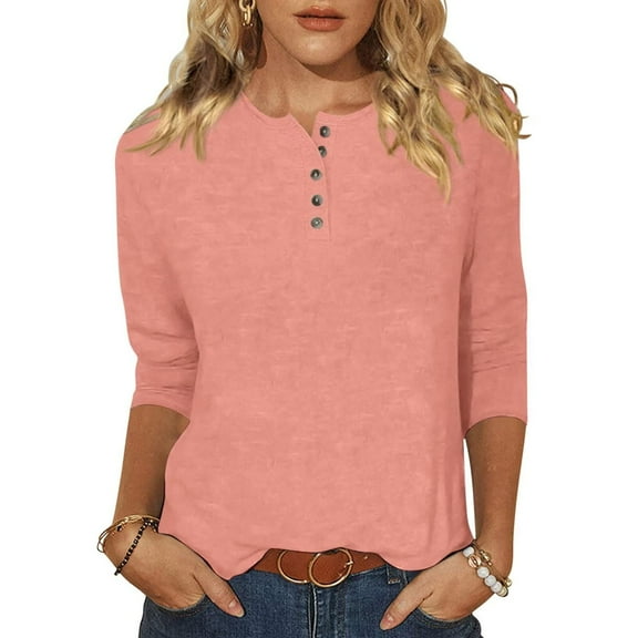 Htigea Women 3/4 Sleeve Henley T-Shirts Dressy Crewneck Buttons Pullover Solid Color Tunic Casual Loose Tops Pink,S