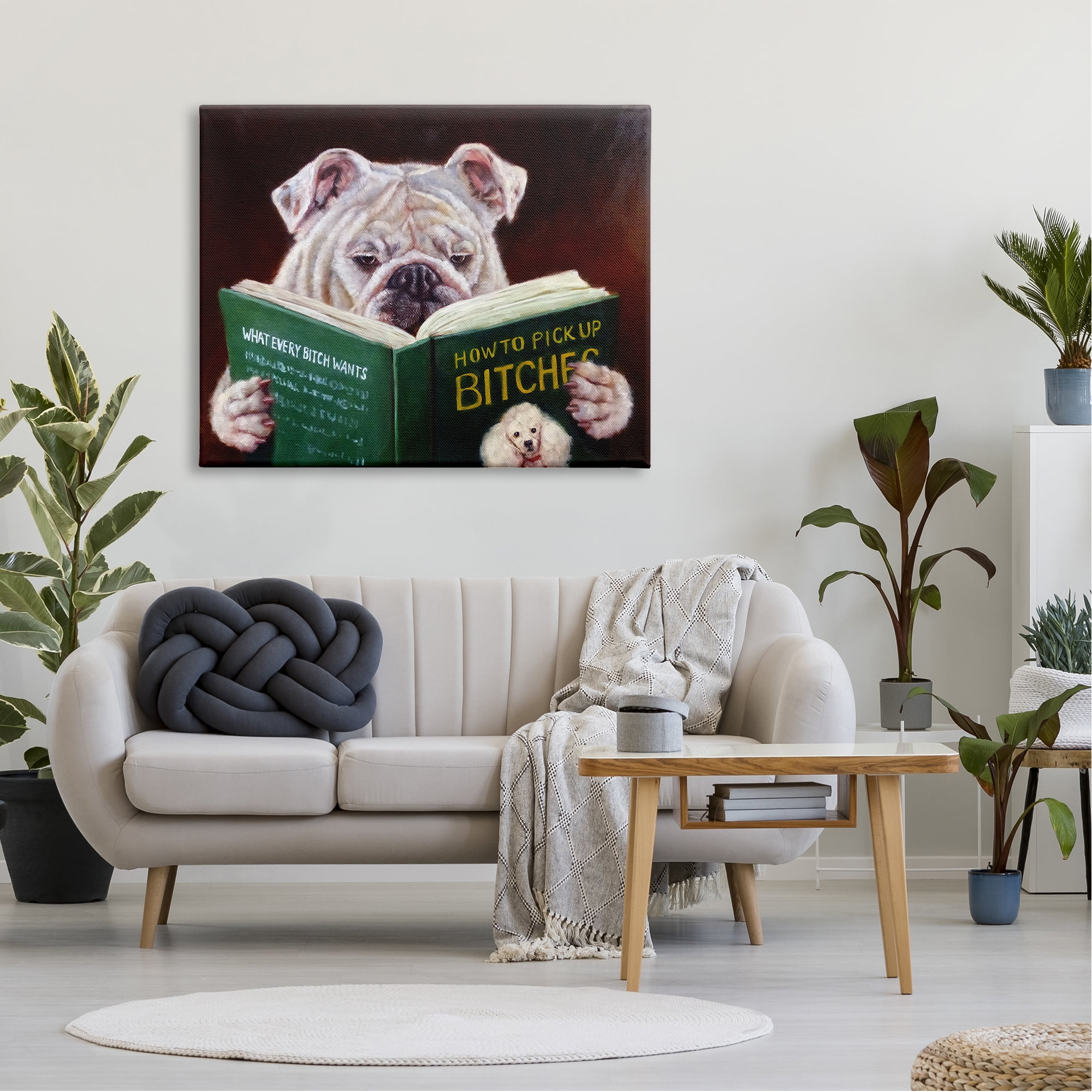 Stupell Industries White Bulldog Funny Humor Reading Book Canvas Wall Art, 48 x 36, Design by Lucia Heffernan