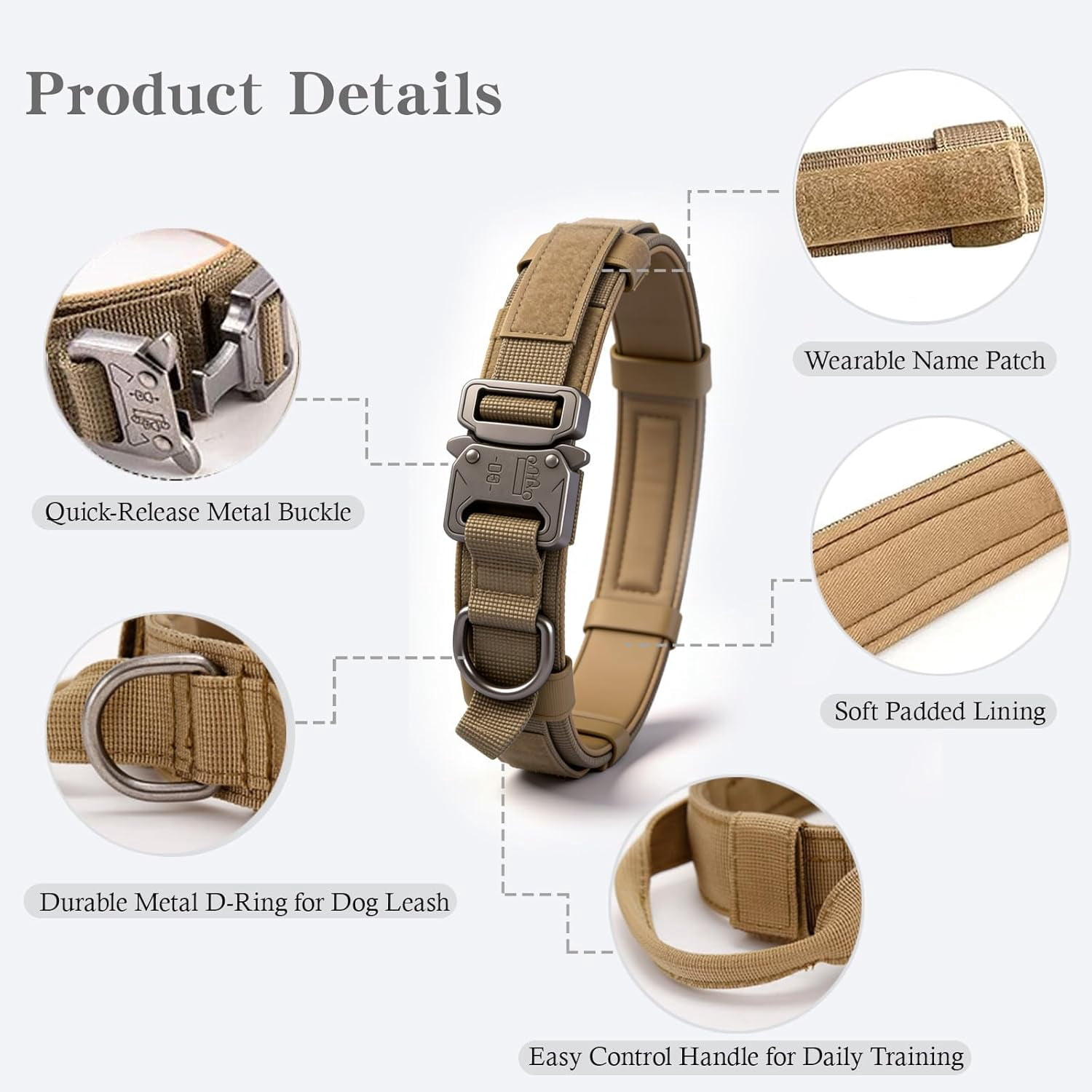 Tactical Dog Collar Adjustable Military Nylon Dog Collar with Control Handle and Heavy Duty Metal Buckle for Medium and Large Dogs (Brown,L)