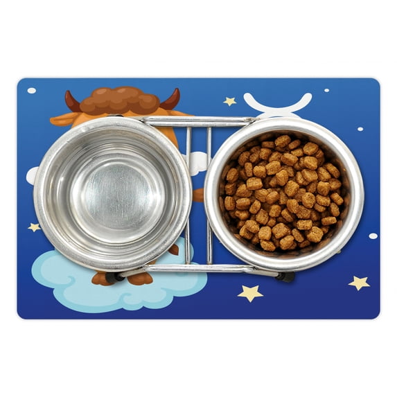 Zodiac Taurus Pet Mat for Food and Water, Cartoon Bull Character on Blue Cloud in Sky with Stars Constellation and Sign, Non-Slip Rubber Mat for Dogs and Cats, 18" X 12", by Ambesonne