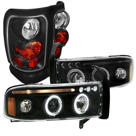 Black Projector - Spec-D Tuning 1994-2001 Dodge Ram Pick Up Black Led Halo Projector Head Lights + Tail Brake Lamps (Left + Right)
