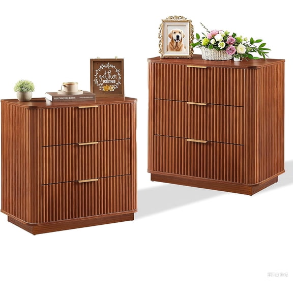 3-Drawer Dresser Set of 2, Modern Wood Chest of Drawers with Curved Wave Design, Bedroom Nightstand Storage Organizer for Living Room, Hallway (2, Walnut, 3 Drawers)