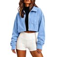 thumbnail image 2 of thefmos Women's Collared Zip Up Cropped Corduroy Jacket with Chest Pocket Solid Color Casual Coat Trendy Fall Winter Clothes, Blue M, 2 of 5