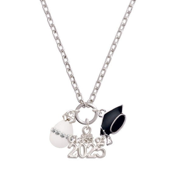 Delight Jewelry White Easter Egg with Clear Crystal Band - Silver-tone Class of 2025 Graduation Zoey Necklace, 28"