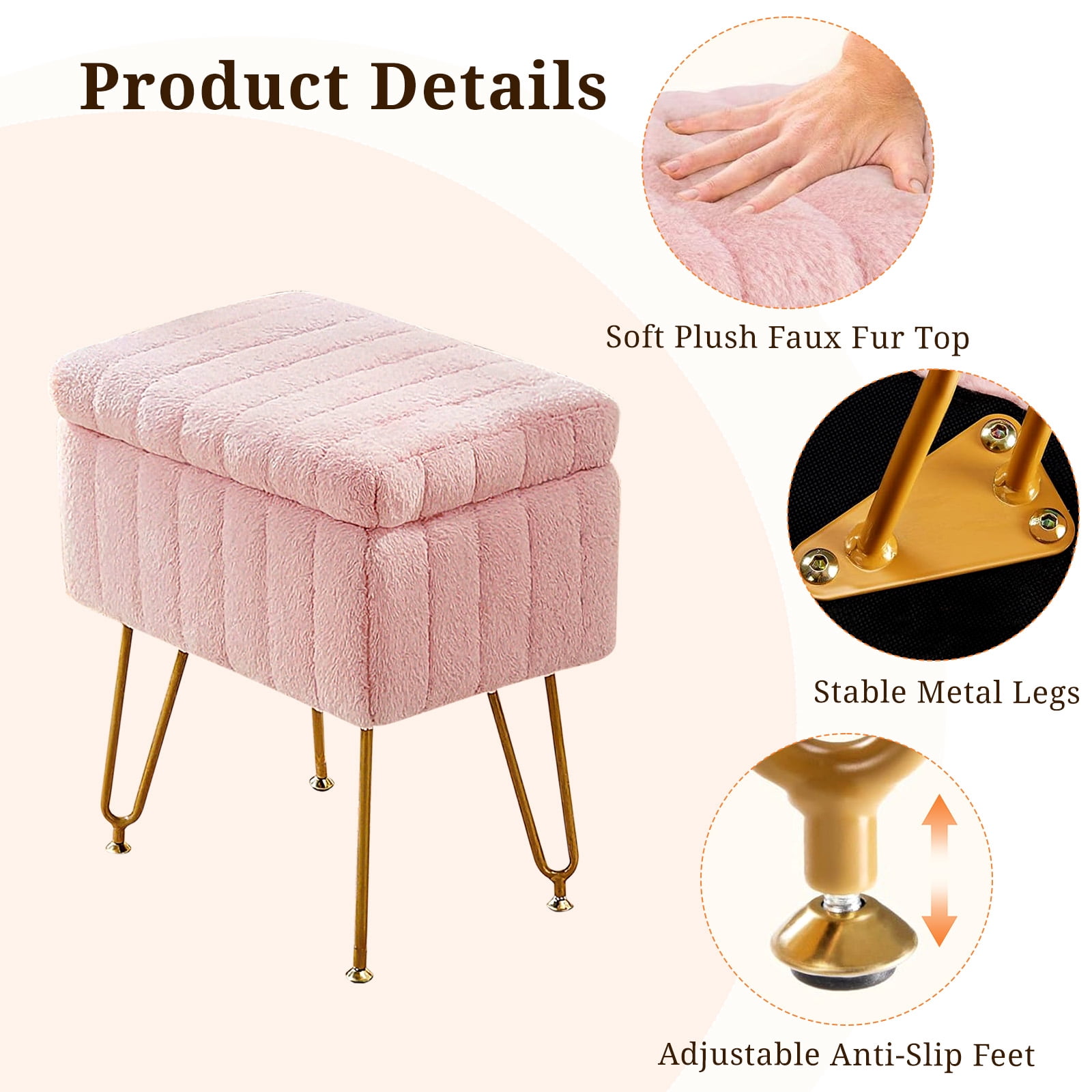 Casabay Vanity Stool Chair with Storage, Faux Fur Footstool Ottoman with Metal Legs & Anti-Slip Adjustable Feet for Bedroom, Entryway